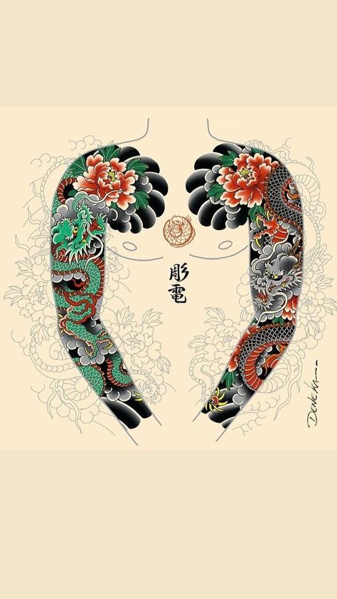 Irezumi Tattoos Sleeve, Sleeve Tattoos Dragon, Dragon Tattoo Japanese Style, Dragon Tattoo Full Sleeve, Irezumi Sleeve, Arm Tattoos Japanese, Traditional Tattoo Dragon, Traditional Japanese Tattoo Sleeve, Borneo Tattoos