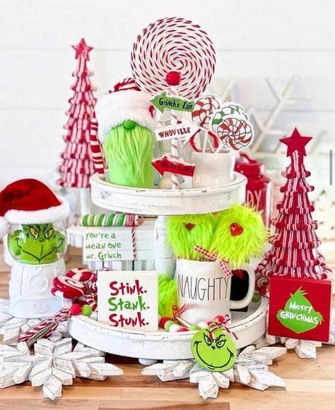 Grinch Tiered Tray, Grinch Trees, Mr Grinch, Grinch Party, Tier Tray Decor, Grinch Christmas, The Grinch, Happy Tuesday, Tiered Tray Decor