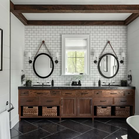 75 Beautiful Black Tile Floors Home Design Pictures & Ideas - February, 2021 | Houzz Slate Bathroom Floor, Black Floor Tiles, Farmhouse Bathroom Vanity, Black Countertops, Creative Bathroom, Bathroom Farmhouse Style, Bathroom Redesign, Modern Farmhouse Bathroom, Slate Flooring