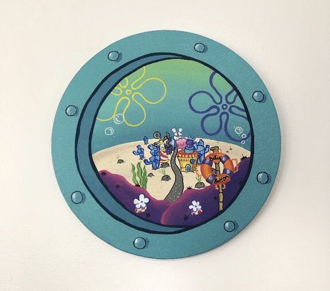 Spongebob Window Painting, Spongebob Window, Circular Canvas, Spongebob Painting, Star Painting, Painting Canvases, Green Paintings, Mirror Painting, Small Canvas Art