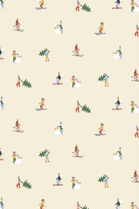 holiday pattern featuring christmas trees, snowmen, skiers Ski Print Pattern, Christmas Graphic Wallpaper, Snow Angels Illustration, Christmas Repeating Pattern, Winter Pattern Design, Simple Christmas Pattern, Christmas Repeat Pattern, Christmas Floral Pattern, Christmas Surface Pattern