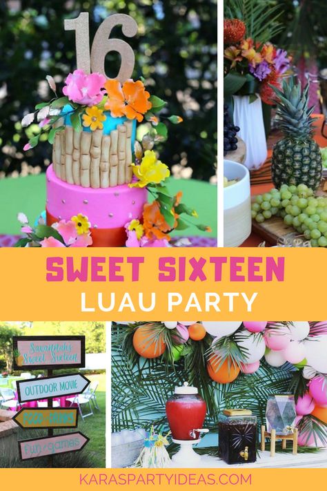 Kara's Party Ideas Sweet 16 Luau | Kara's Party Ideas Aloha Sweet 16 Party Ideas, Sweet 16 Pool Party Outfit, Sweet 16 Hawaiian Theme Cake, Sweet Sixteen Summer Party Ideas, Luau Party Ideas Sweet 16, Sweet 16 Swim Party Ideas, Teen Luau Party Ideas, Hawaiian Themed Sweet 16, Hawaiian 16th Birthday Party