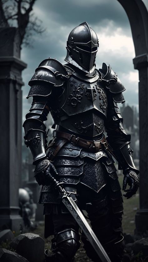 Gothic Knight Aesthetic, Gothic Knight Art, Black Armor Knight, Cool Knight Armor, Medieval Knight Aesthetic, Goth Armor, Black Knight Armor, Black Knight Art, Knight Armor Design Male