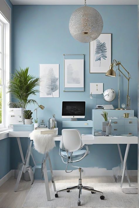 Looking for a soft mist of color for your interior design projects? Dive into the daily routine of an interior designer, featuring Misted Blue (820) from Top Paint 2024. #Ad #homedecor #homedesign #trendgirlApartment #Painthome #interiorarchitecture Wall Colors Green Room Colors Bright Room office Colors Apartment Renovation Home office Remodeling Modern Paint Colors 2024 Blue Wall Office, Light Blue Office, Paint 2024, Green Room Colors, Paint Colors 2024, Grooming Salons, Best Wall Colors, Top Paint Colors, Modern Paint Colors