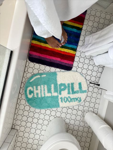 Chill Pill Bathmat Bathroom Rug Cute Bathmat Bathroom Rugs, Small Blue Bathroom, Preppy Bathroom Decor, Bathroom Decor Aesthetic, Preppy Bathroom, Blue Bathroom Rugs, Aesthetic Bath, Chill Pill, Blue Bathroom