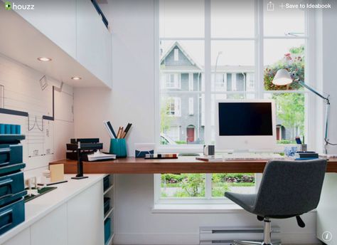 home office, floating desk, desk in front of window, small home office Home Office Layout, Home Office Inspiration, Office Layout, Workspace Inspiration, Small Home Office, Office Workspace, Modern Home Office, Home Office Space, Small Office