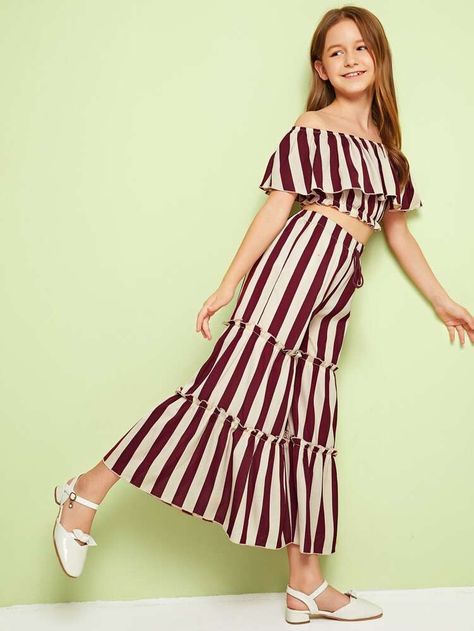 SHEIN Girls Ruffle Foldover Striped Top & Layered Pants Set | SHEIN USA Layered Pants, Top And Plazo, Ladies Crop Top, Kids Summer Dresses, Western Top, Crop Top Designs, Kids Dress Wear, Kids Fashion Dress, Kids Designer Dresses