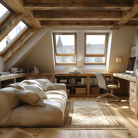 Home Office: Size, Functionality, Uses, Furniture And Renovation 11 Attic Conversion Ideas Office, Attic Cozy Space, Low Ceiling Attic Living Room, Loft Room Office, Neutral Home Library, Low Ceiling Attic Office, Living Room In Attic, Office Room With Sofa, Office In Attic