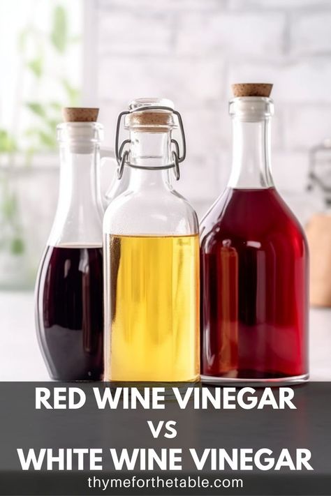 Three glasses of white wine vinegar, red wine vinegar, and balsamic vinegar and text: red wine vinegar vs white wine vinegar. Recipes With Red Wine Vinegar, Recipes With White Wine Vinegar, Uses For Red Wine Vinegar, Substitute For Red Wine Vinegar, White Wine Vinegar Substitute, Oyster Red Wine Vinegar, Red Wine Vinegar Recipes, Red Wine Benefits, White Wine Recipes