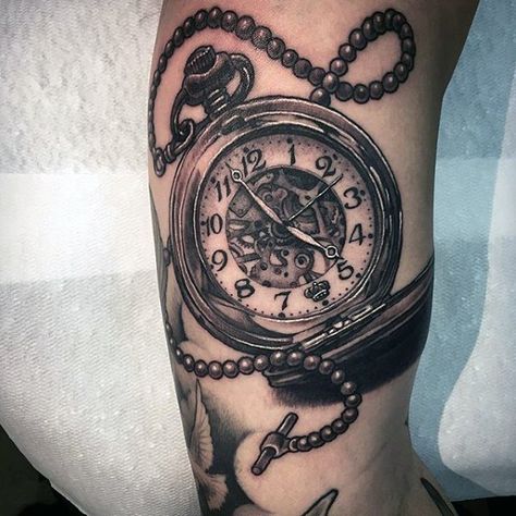 200 Popular Pocket Watch Tattoo Designs & Meanings Bvb Tattoo, Tato Jam, Pocket Watch Tattoo Design, Watch Tattoo Design, Gear Tattoo, Pocket Watch Tattoos, Chain Tattoo, Watch Tattoo, Tattoo Trend