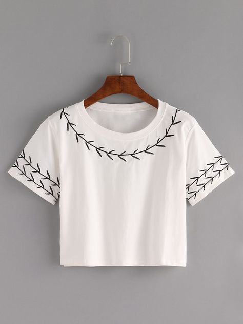 Branch Embroidered Crop T-shirt | SHEIN USA वेस्टर्न ड्रेस, Cropped White Tee, Embroidery Tshirt, Diy Vetement, White Shirts Women, Embroidery On Clothes, Crop T Shirt, 자수 디자인, Shirt Embroidery