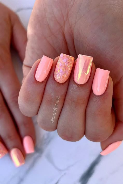 Looking for some bright & trendy summer nails? Try these totally cute and fun spring nail art ideas and designs for this year to match your summer outfit. From bright pink nail designs to classy floral or beach moods, 80+ stunning nail polish options for the season! Pink Coral Nails With Design, Classy Spring Nail Ideas, Short Gel Nails Summer Bright Designs, Trendy Pastel Nails Short, Spring Gel Polish Nails, Summer Nails With Sparkle, Shellac Nail Designs Spring, Spring 2024 Nails Ideas, Spring Holiday Nails