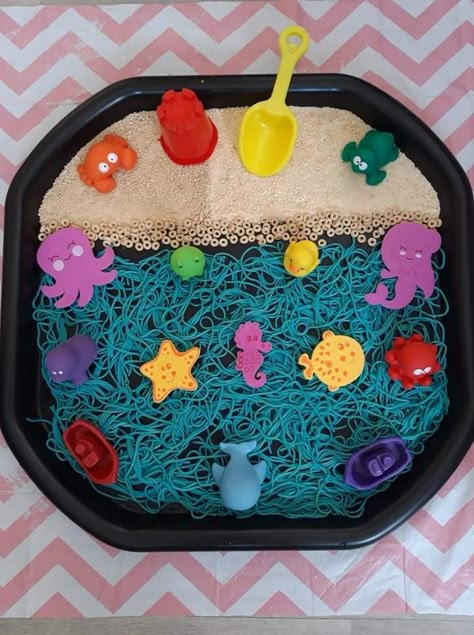 Under The Sea Sensory Room, Outside Tuff Tray Ideas, Childcare Activities Early Childhood, Sensory Tray Ideas Toddlers, Baby Room Nursery Ideas Eyfs, Outdoor Tuff Tray Ideas Eyfs, Baby Room Activities Eyfs, Baby Room Eyfs, Sea Tuff Tray