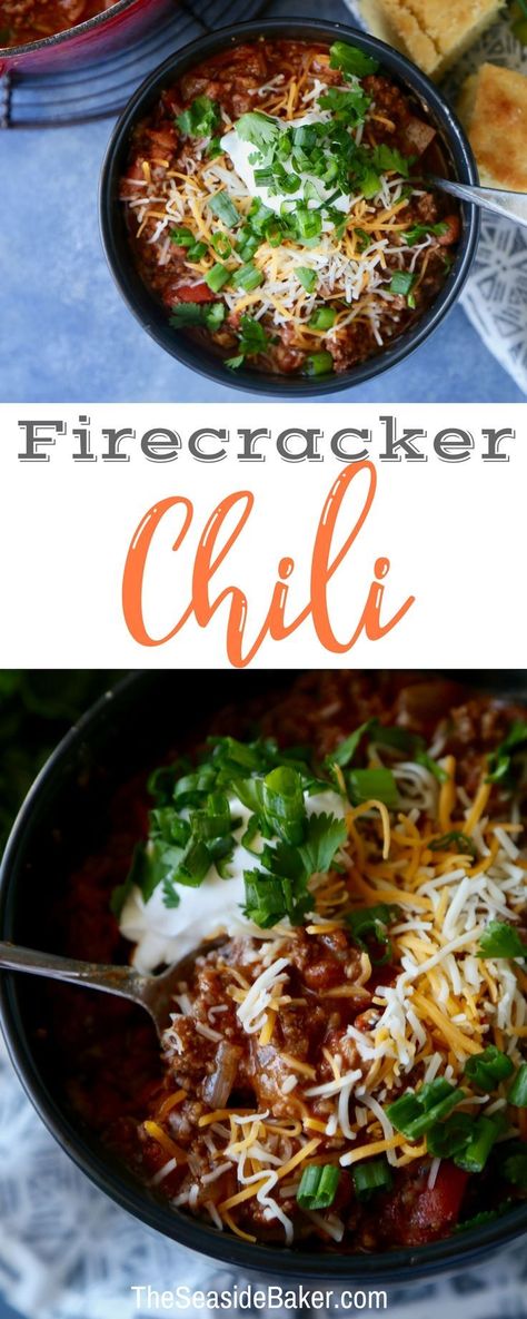 Firecracker Chili Recipe - spicy and perfect for cool fall or winter nights! | #theseasidebaker #chili #chilirecipe #dinnerrecipe #firecrackerchili #fallrecipe | see this and other delicious recipes at TheSeasideBaker.com Spicy Chilli Recipe, Hot Chili Recipe, Sausage Chili Recipe, Sausage Chili, Spicy Chili Recipe, Vegetarian Chili Recipe, Best Chili Recipe, Chili Recipe Crockpot, Crockpot Chili