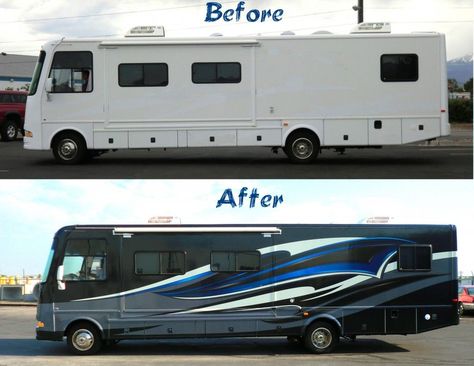 RV Paint Ideas – If you’ve been living in RV or been traveling with it a lot, the paint will undoubtedly become dull. Obviously, every RV owners want their RV to stay new. Therefore, RVs needs to be repainted.  ...............    #rvexterior #canvas #interiors #art #job #rv  #rvdesign #rvinterior Rv Wrap Ideas, Rv Exterior Paint, Motorhome Makeover, Camp Living, Toyota Motorhome, Paint Rv, Rv Vehicle, Motorhome Remodel, Rv Upgrades