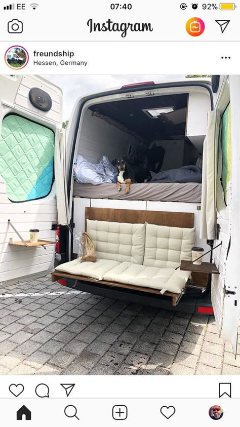 fold down couch camper van Kangoo Camper, Big Van, Kombi Motorhome, Camping Desserts, Sprinter Van Conversion, Kombi Home, Side Doors, Van Life Diy, Campervan Interior