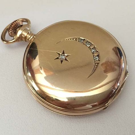 Moon And Star Design, Crescent Moon And Star, Gold Pocket Watch, Pocket Watch Antique, Moon And Star, Pocket Watches, Star Design, Diamond Gold, Design Set