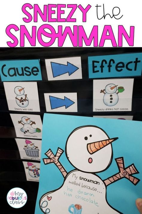 This winter your Kindergarten Class will love these Sneezy the snowman Activities. This book is perfect for talking about cause and effect, beginning middle, and end, as well as problem/ solution. Your class will love retelling the story with you. The adorable craft makes the perfect classroom bulletin board. Sneezy The Snowman Craft, Sneezy The Snowman Activities, Sequence Activities, Snowman Bulletin Board, Sneezy The Snowman, Cause And Effect Activities, 100th Day Of School Crafts, Cynthia Rylant, Hero Crafts