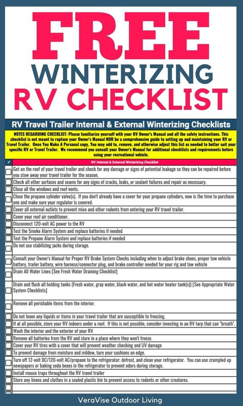 FREE Internal & External RV Winterizing Checklist [PRINTABLE] | VeraVise Outdoor Living Camper Maintenance Checklist, Winterize Rv Travel Trailers, Winterizing Rv Travel Trailers, Rv Tips And Tricks, Winterize Camper, Rv Winterizing, Rv Checklist, Camper Maintenance, Rv Mods