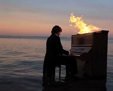 Set your piano on fire Burning Piano Aesthetic, Piano On Fire, Burning Piano, Person On Fire, People On Fire, Fantasy Moodboard, Performance Ideas, Piano Photography, Fire Aesthetic