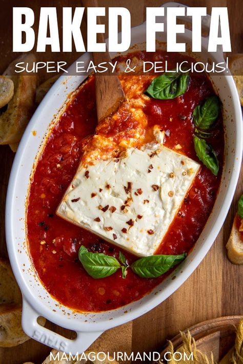 Quick and simple baked feta recipe has hot and creamy feta cheese surrounded by marinara tomato sauce for fantastic, yet easy appetizer dip. #bakedfeta #appetizer #tomatoes #marinara #tomatosauce #withtomatoes Baked Feta Marinara Dip, Feta Cheese Sauce Recipes, Baked Feta Dip, Mamagourmand Recipes, Marinara Dip, Baking Dish Recipes, Baked Feta Recipe, Appetizers Easy Dips, Feta Recipe