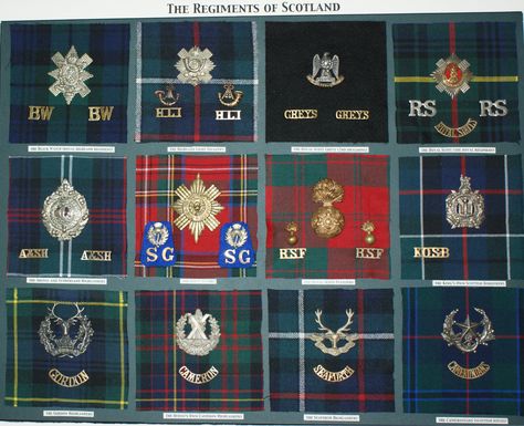 The Regiments of Scotland:L to R, Black Watch, Highland Light Infantry, Scots Greys, Royal Scots, Argyll and Sutherland Highlanders, Scots Guards, Royal Scots Fusiliers, Kings Own Scottish Borderers, Gordon Highlanders, Cameron Highlanders, Seaforth Highlanders, Cameronians. Scotish Highlanders, Scottish Army, Scottish Dress, British Army Uniform, Tam O' Shanter, Light Infantry, British Uniforms, Scotland Forever, British Armed Forces