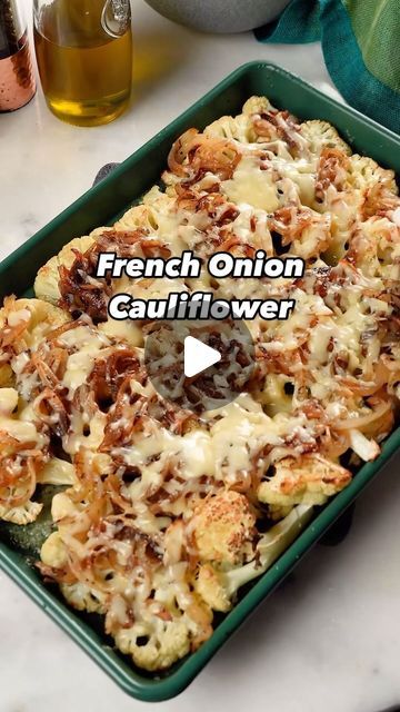 EatingWell on Instagram: "Cheesy French Onion Cauliflower: If you like French onion soup, you’ll love this baked cauliflower coated in melted Gruyère cheese and sweet caramelized onions.

Ingredients
- 2 tablespoons extra virgin olive oil, divided
- 1 large onion, halved and sliced (about 2 cups)
- 1 teaspoon Worcestershire sauce, preferably vegetarian 
- ¾ teaspoon dried thyme
- ½ teaspoon ground pepper, divided
- 5 cups cauliflower slices (¼ inch thick; about 1 medium head)
- ½ teaspoon garlic powder
- ¼ teaspoon salt
- ½ cup shredded Gruyère cheese

Directions
1. Preheat oven to 450°F. Coat a large rimmed baking sheet with cooking spray.
2. Heat 1 tablespoon oil in a large skillet over medium heat. Add onion and cook, stirring occasionally, for 5 minutes. Add Worcestershire, thyme and ¼ Vegetable Side Dishes Videos, Healthy Veggie Dishes, French Onion Cauliflower, French Onion Cauliflower Bake, Onion Gratin, Cheesy French Onion Cauliflower, Keto Cauliflower Recipes, Cheesy Vidalia Onion Casserole, Cheesy Cabbage And French Onion Gratin