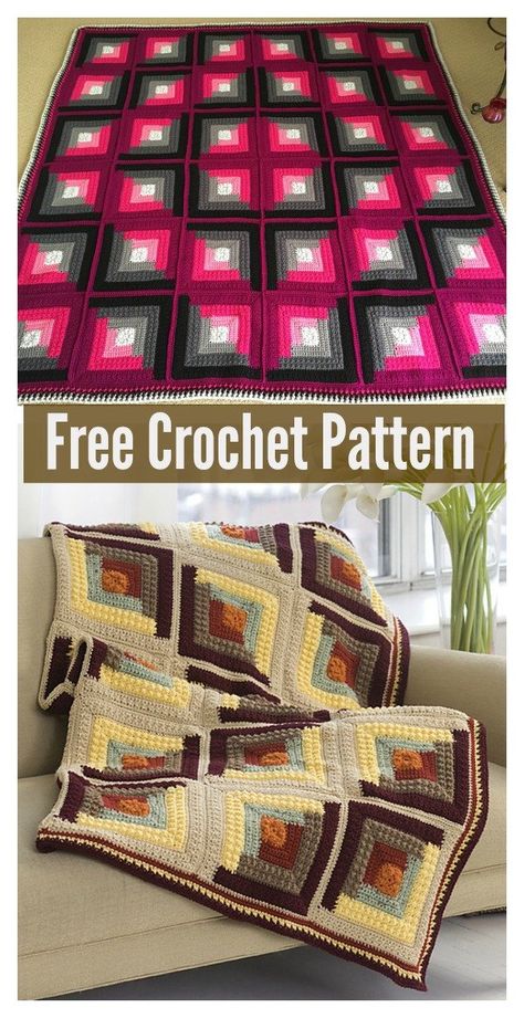 Log Cabin Blanket Free Crochet Pattern Cabin Crochet, Log Cabin Blanket, Cabin Blanket, Crochet Quilt Pattern, Crochet For Beginners Blanket, Crochet Blanket Afghan, Crochet Quilt, Quilt Festival, Yarn Knitting