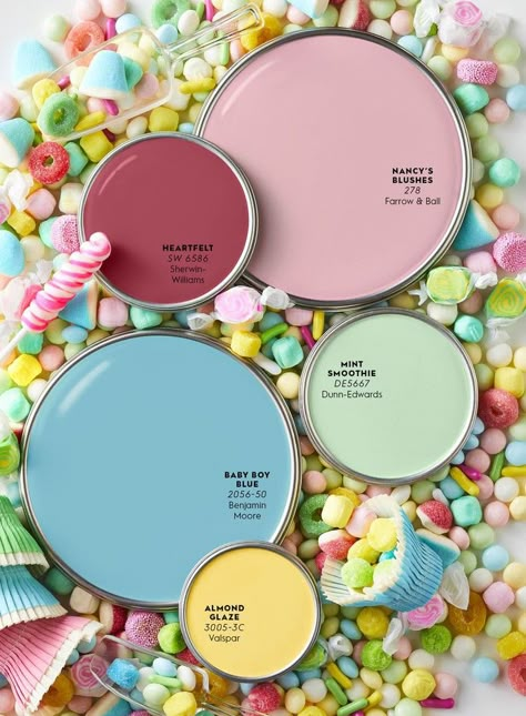 These Interior Color Picks Are as Sweet as the Candy Store Candy Colored Home, Best Home Colors Interiors, Happy Paint Colors For Home, Candy Room Ideas, Candy Shop Color Palette, Fun Paint Colors For Home, Colorful Color Scheme, Colorful Store Design, What Colors Go With Pink