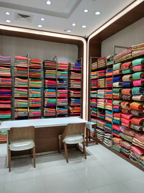 Ladies Shop Interior Design, Ladies Garments Shop Interior Display, Saree Showroom Design, Women's Clothing Store Interior, Saree Showroom Interior Design, Saree Shop Interior, Clothes Showroom Interior Design, Textile Shop Interior Design, Saree Shop Interior Design