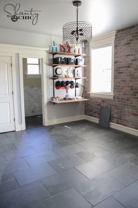 Dark Mudroom Floor, Slate Floor Living Room, Gray Slate Floor, Photo Studio Office, Slate Vinyl Flooring, Enclosed Porch Ideas, Mudroom Floor, Dark Tile Floors, Black Slate Floor