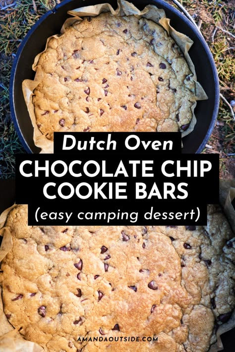 Dutchoven Campfire Recipes, Simple Camping Desserts, Dutch Oven Outdoor Cooking, Ditch Oven Camping Recipes, Easy Dutch Oven Desserts, Outdoor Dutch Oven Recipes, Dutch Oven Chocolate Chip Cookie, Dutch Oven Camping Desserts, Dutch Oven Cookie Recipe