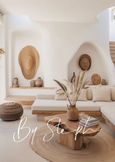 une entrée avec porte en bois dans un style ibiza | Réalisations Coastal Mediterranean Interior Design, Ibiza Style Interior, Saint Raphael, Mediterranean Interior Design, Moroccan Modern, Mediterranean Interior, Ibiza Style, Modern Beach House, Decor Home Living Room