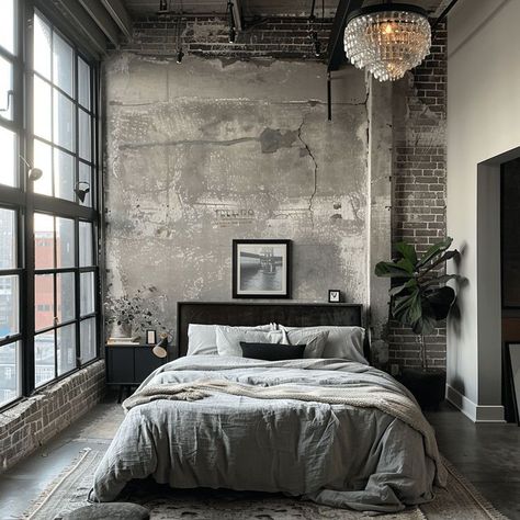 Industrial Chic Bedroom Design Industrial Scandinavian Interior, Eclectic Loft, Industrial Bedroom Design, Industrial Style Bedroom, Industrial Bedroom, Mens Bedroom, Loft Interiors, Exposed Brick Walls, Urban Loft