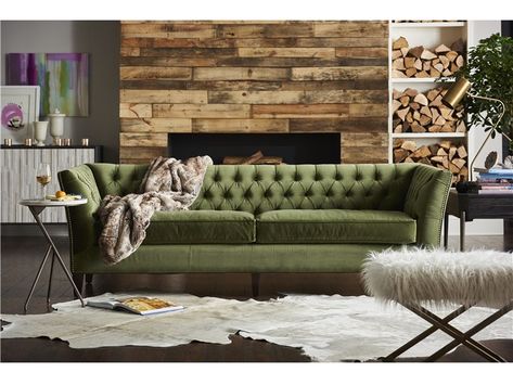 Elevate the look and feel of living room spaces with the Duncan Sofa, designed with an opulent frame and exquisitely finished with silky smooth velvet, button-tufted upholstery. Green Sofa, Tufted Sofa, Sofa Colors, Living Room Spaces, Universal Furniture, Upholstered Sofa, Bedroom Sets, Fabric Sofa, New Furniture