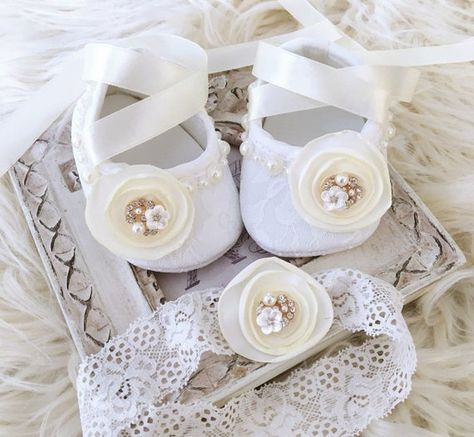 Baby Girl Ivory Christening Shoes, Baptism Shoes, Lace Shoes and Ivory Lace Headband with Satin Ivor Flower Girl Baby, Baptism Headband, Christening Shoes, Flower Girl Shoes, Girl Baptism, Girl Christening, Baptism Girl, Baby Christening, Lace Headbands