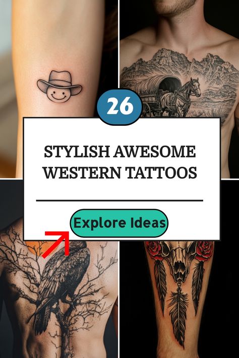 Collage of various Western-themed tattoos, including a smiley face with a cowboy hat, landscape, raven on branches, and roses with a skull. Cowboy Skeleton, Skeleton Tattoo, Western Tattoos, Wild West Cowboys, Skeleton Tattoos, Desert Scene, Just Ink, The Wild West, Bull Skulls