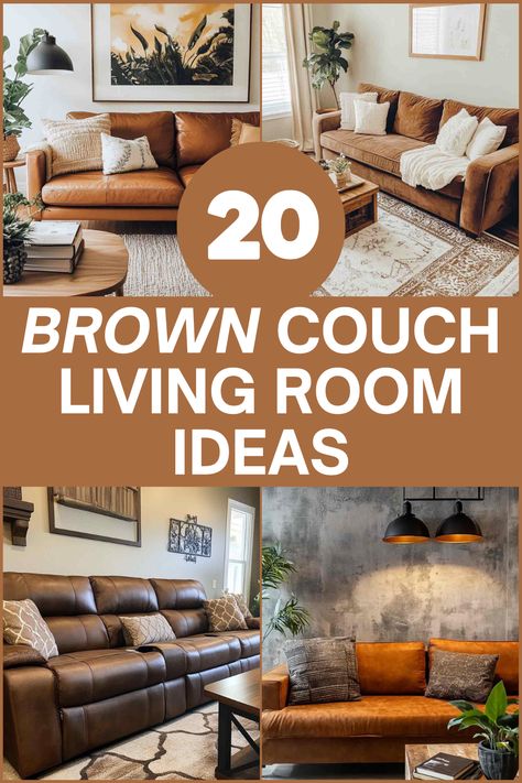 Looking for ways to style your brown couch? Here are 20 creative and stylish ideas to transform your living room into a cozy and inviting space. Perfect for adding warmth and character to your home!  #BrownCouchDecor #LivingRoomIdeas #HomeDecorInspiration #CozyLivingRoom Khaki Couch Living Room Ideas, Blue And Brown Couch Living Room, Decor With Brown Leather Couch, Home Decor Brown Couch, Couch For Living Room, Leather Sofa Decorating Ideas, Living Room Camel Leather Couch, Couches Living Room Brown, Living Room With Brown Couch Ideas