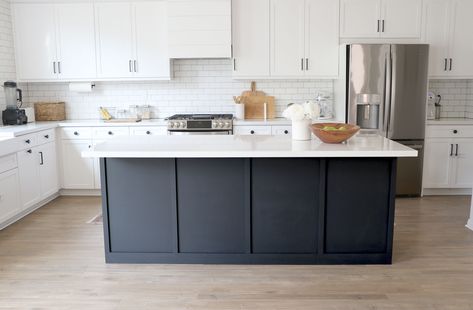 DIY Kitchen Island Upgrade Kitchen Island Trim Ideas Modern, Painting Island Black, Kitchen Island Update Diy Modern, Kitchen Island Without Seating, Kitchen Island Molding, Kitchen Island Upgrade, Kitchen Island Panels, Island Upgrade, Rambler Remodel