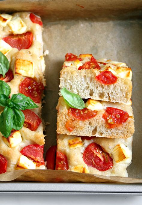 Tomato Feta Focaccia (same day or overnight) - Carbgirl Tomato And Feta, Tomatoes And Feta, Sundried Tomato, Herb Seasoning, Focaccia Bread, No Knead, Cooking Spoon, Lunch To Go, Sandwich Bread