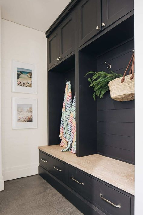 Black Mudroom, Shiplap Trim, Transitional Laundry Room, White Oak Table, Kate Marker Interiors, Mudroom Design, Island Countertops, Beautiful Dining Rooms, Mudroom Bench