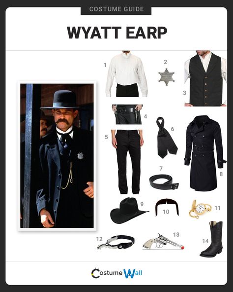 The best costume guide for dressing up like Wyatt Earp, the legendary western Marshall who's famous for the gunfight at O.K. Corral. Old West Halloween Costumes, Wyatt Earp Costume, Western Costume Ideas, Old West Costume, Wild West Family Costumes, Doc Holiday Costume, Doc Holliday Costume, Tombstone Costume, Old Western Halloween Costumes