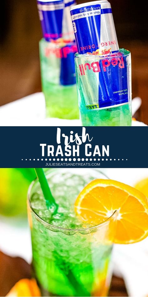 The Irish Trash Can drink is a fun cocktail that mixes up a half dozen varieties of alcohol and then is topped with a can of Red Bull. It's the perfect cocktail for celebrating St. Patrick's day! The "Irish" name is simply because this beverage turns green after it mixes together. Plus, it's pretty and delicious to drink! #cocktail #stpatricksday via @julieseats Alcohol Drinks With Red Bull, Trash Can Alcohol Drink, Alcoholic Drinks That Don’t Taste Like Alcohol, Red Bull Drinks Cocktails, Green Mixed Drinks Alcohol, Redbull Mixed Drinks, Red Bull Cocktails Drink Recipes, Red Bull Mixed Drinks Non Alcoholic, Drinks With Red Bull