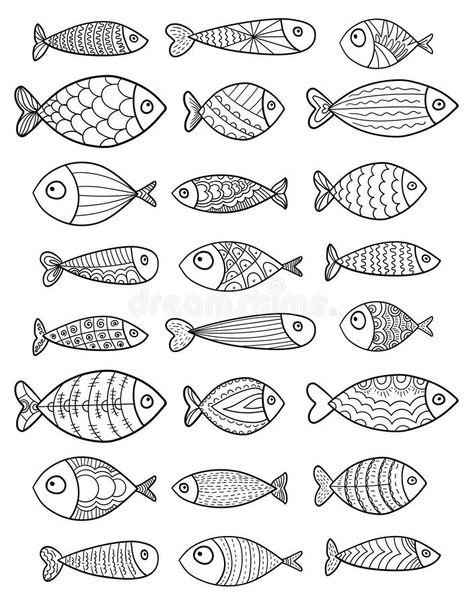 Illustration For Children, Arte Doodle, Linear Art, Fish Illustration, Fish Drawings, Fish Patterns, Zentangle Patterns, Fish Art, Elementary Art