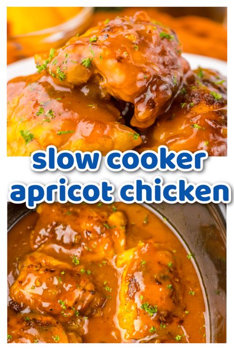 This Slow Cooker Apricot Chicken is a staple in my house.  Bursting with flavor this chicken has 4 ingredients and a few seasonings making it a budget-friendly crowd-pleasing dinner!  Chicken thighs cook up in a flavorful sauce of apricot preserves, french dressing and onion soup mix.  This gives a sweet and sour taste to this chicken that makes a delicious sauce that goes fabulous over rice. Apricot Crockpot Chicken, Chicken Apricot Jam Onion Soup, Chicken With Apricot Preserves, Russian Dressing Chicken, Frozen Chicken Thighs Crockpot, Apricot Chicken Thighs, Apricot Chicken Slow Cooker, Slow Cooker Apricot Chicken, Dinner Chicken Thighs