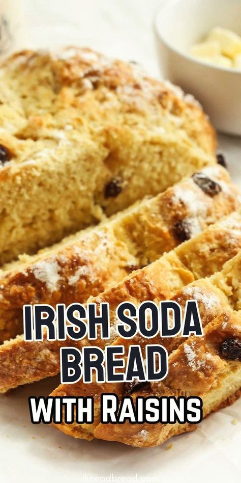 Irish Soda Bread with Raisins is a traditional Irish
 bread known for its simple ingredients, dense crumb, and delightful 
sweetness from raisins. This bread relies on baking soda as the 
leavening agent, making it quick and easy to prepare. Studded with plump raisins, it's a delicious balance of sweet and 
savory flavors, perfect for enjoying on its own, toasted with butter, or
 alongside a hearty stew. Cinammon Raisin Bread Recipe, Irish Soda Bread With Raisins, Cinnamon Raisin Bread Recipe Easy, Irish Food Traditional, Irish Soda Bread Easy, Soda Bread With Raisins, Easy Irish Soda Bread, Raisin Bread Recipe, Bread With Raisins