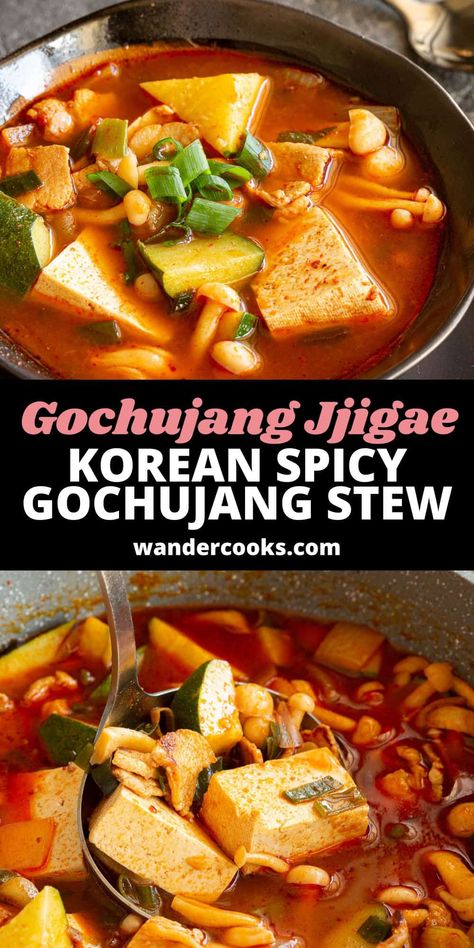 Crank up the heat with this amazing homemade gochujang jjigae. This easy Korean gochujang stew is spicy, savoury, satisfying, and on the table in just 20 minutes. Gochujang Potato Stew, Sanjeok Recipe, Gochujang Stew, Gochujang Jjigae, Jigae Recipe, Homemade Gochujang, Soondubu Jjigae, Sukiyaki Recipe, Easy Korean Recipes