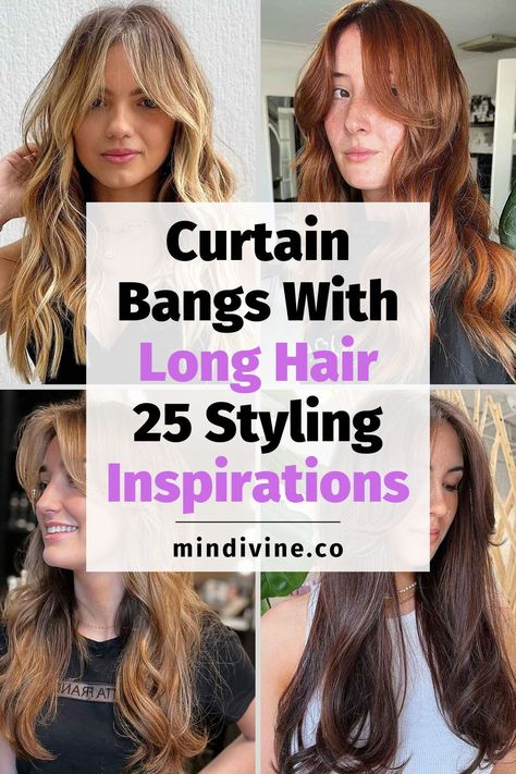 Elevate your long hair game with the timeless allure of curtain bangs! Explore 25 styles that effortlessly blend sophistication and chic. Whether you're into laid-back vibes or red-carpet glam, these looks will inspire your next hairstyle. Dive into the world of curtain bangs wtih long hair and transform your locks! ✨ Curtain Bangs Long Hair Before After, Middle Part With Curtain Bangs And Layers, Long Curtain Bangs Long Hair Blonde, Long Thick Hair Hairstyles With Bangs, Curtain Bangs Long Hair Natural, Long Hair Styles Curtain Bangs, Long Curtain Bangs Inspo Pic, Brunette With Long Bangs, Full Curtain Bangs Long Hair