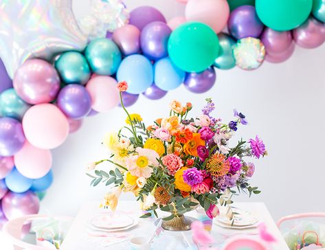 A Little Girl's Magical Rainbow Birthday Party - Inspired By This Flowers And Rainbows Birthday, Rainbow Party Flowers, You Are Magic Birthday Party, 4ever Magical Birthday, Fourever Magical Unicorn Birthday, Mermaid Unicorn, Magic Birthday, Unicorn Balloon, Rainbow Mermaid