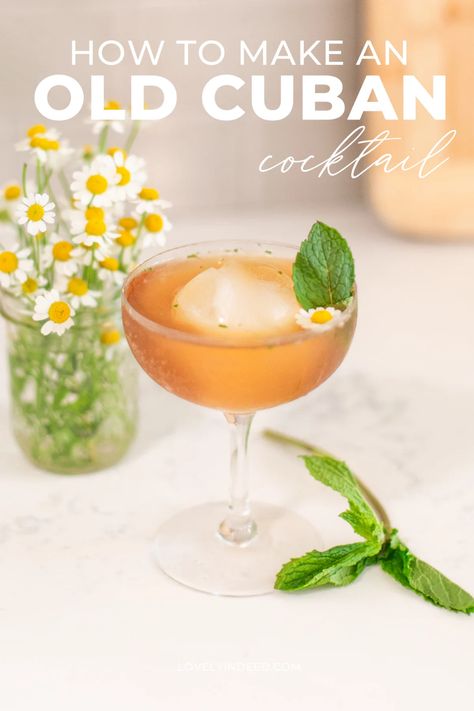 The Old Cuban cocktail is a perfect combination of fresh mint, deep rum, and effervescent champagne. Try it at your next celebration. Similar to a Mojito but with a few added ingredients, it's sophisticated yet celebratory! Old Cuban Cocktail, Cocktail Recipes Easy, Easy Cocktails, Holiday Cocktails, Drink Up, Cocktail Recipe, Fresh Mint, Mojito, Cocktail Recipes